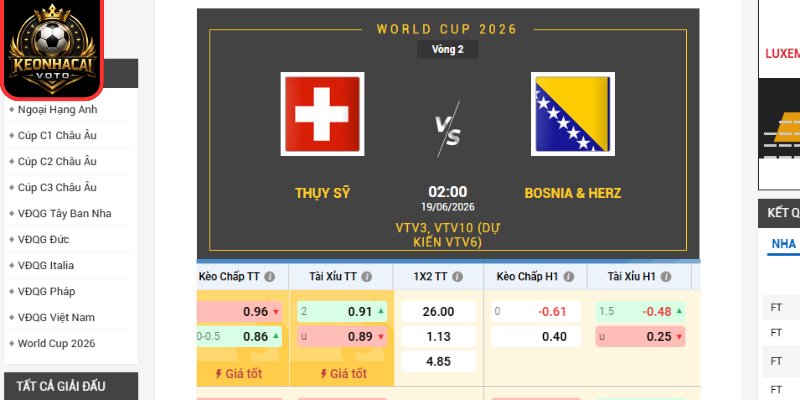 Kèo châu Âu trận Thụy Sĩ vs Bosnia & Herz 02:00 ngày 19/06 (Bảng B - World Cup)